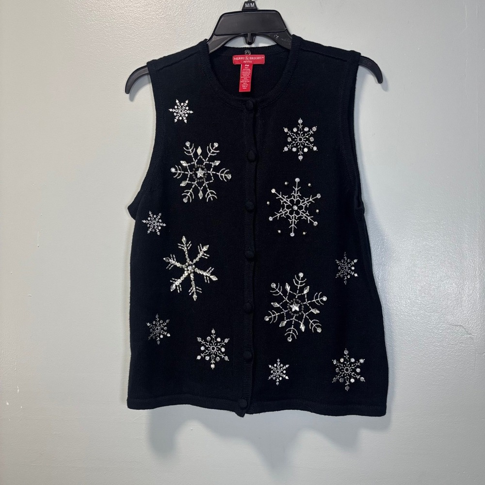 Merry & Bright Snowflake Sweater Vest Black Beaded Sequin Christmas Petite‎ Med